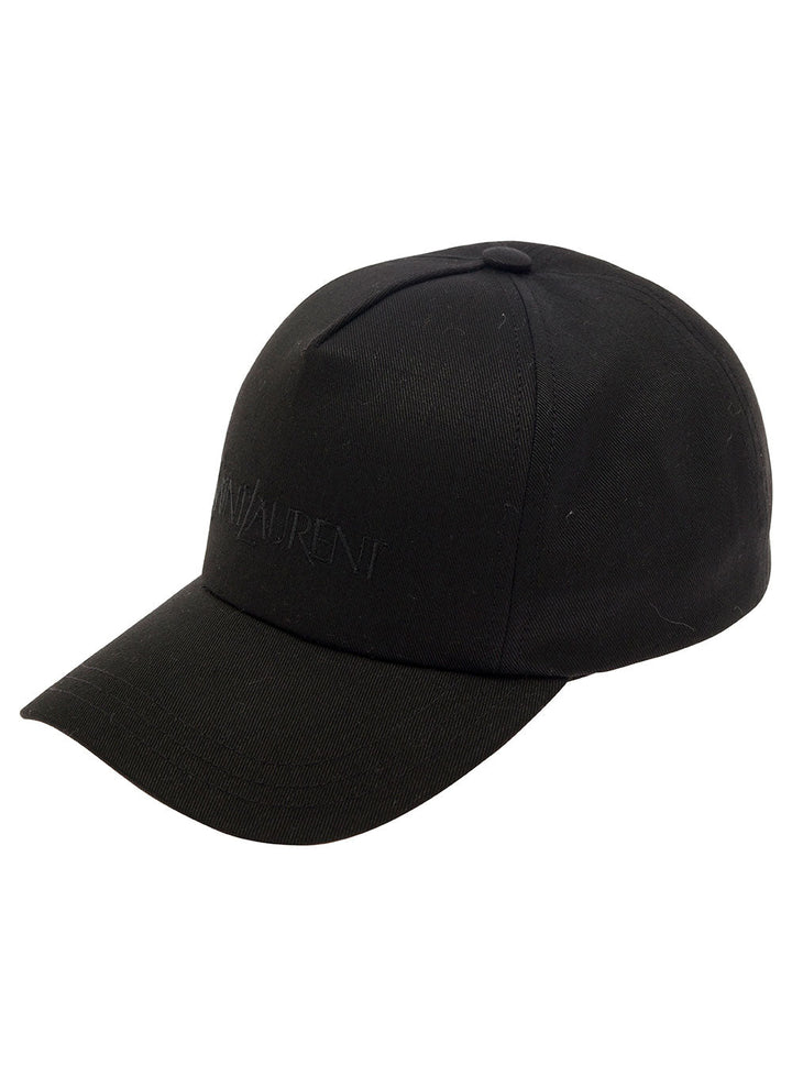 Saint Laurent Women Black Baseball Cap With Tonal Embroidery In Cotton And Linen Woman