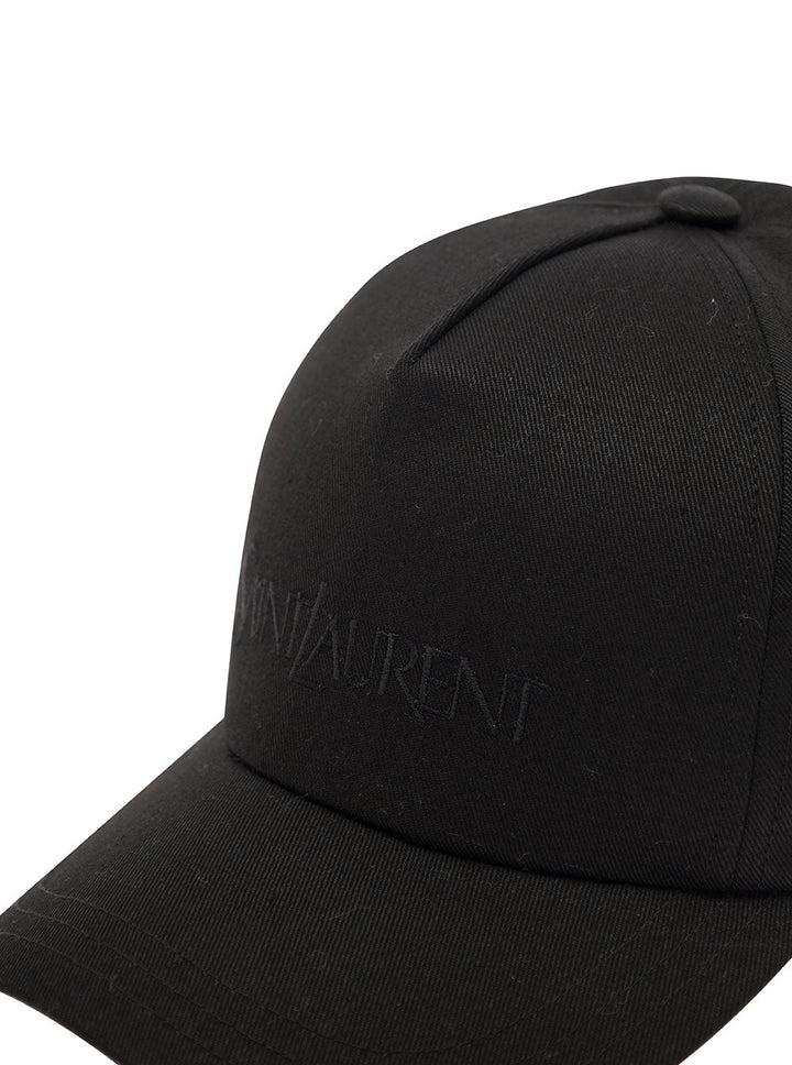 Saint Laurent Women Black Baseball Cap With Tonal Embroidery In Cotton And Linen Woman