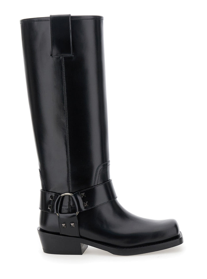 Valentino Garavani Women 'Rockstud' Black Boots With Square Toe In Leather