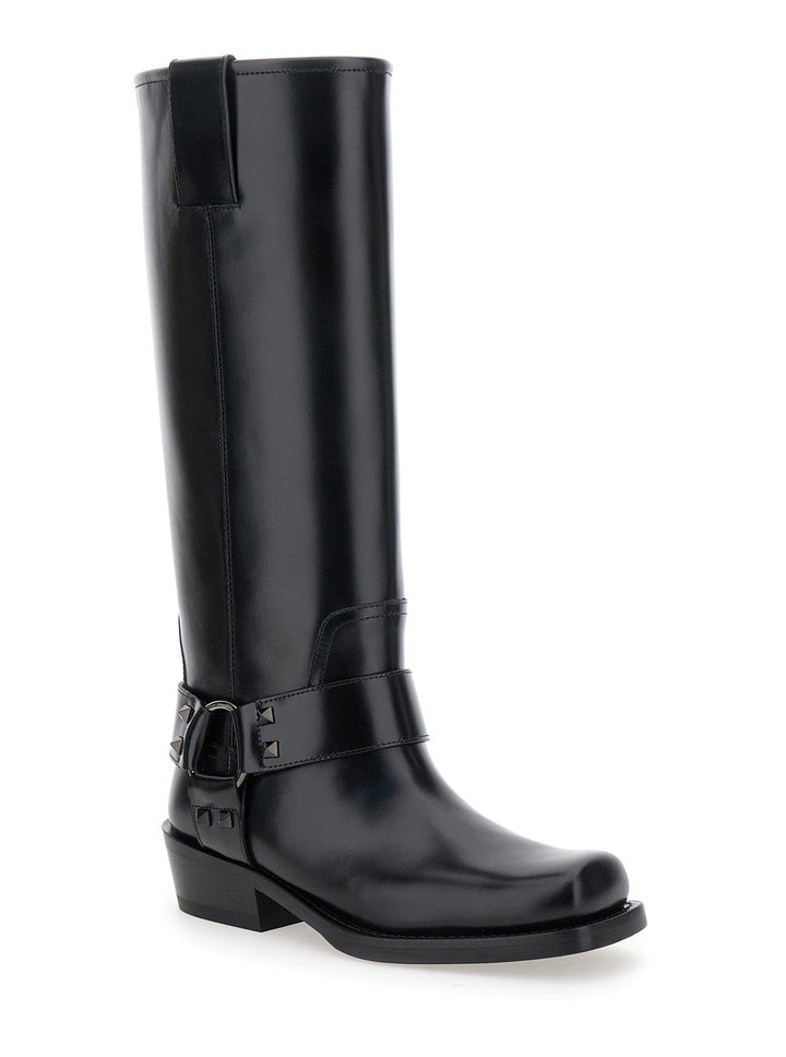 Valentino Garavani Women 'Rockstud' Black Boots With Square Toe In Leather
