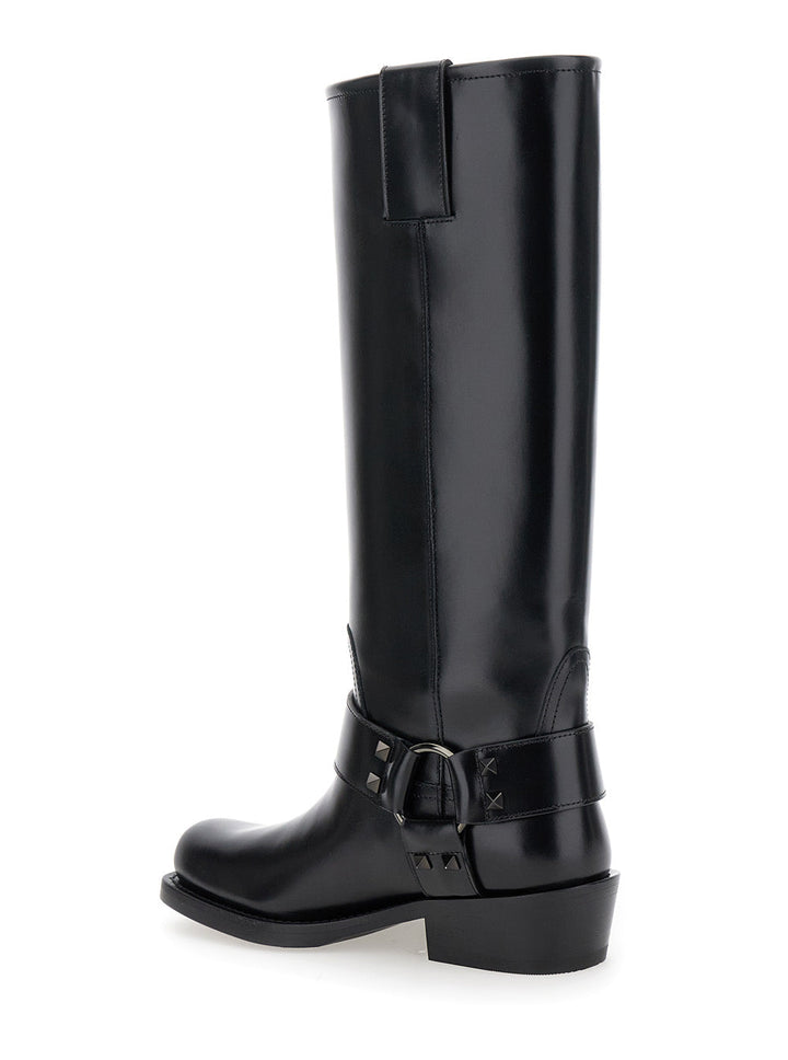 Valentino Garavani Women 'Rockstud' Black Boots With Square Toe In Leather