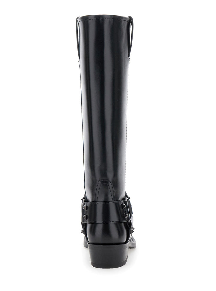 Valentino Garavani Women 'Rockstud' Black Boots With Square Toe In Leather