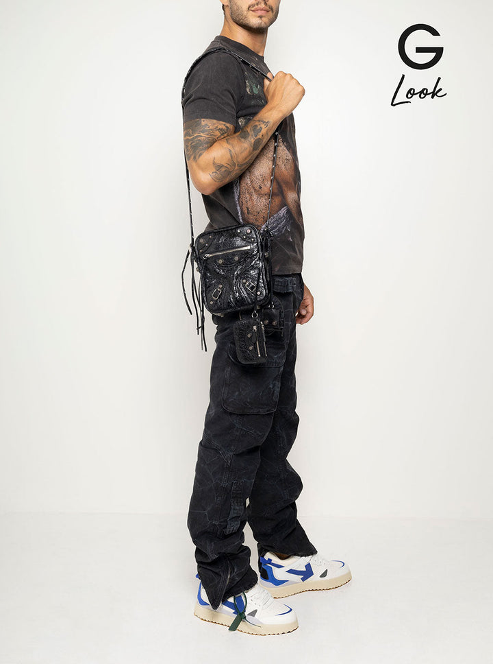 Balenciaga Men 'Le Cagole M' Black Shoulder Bag With Airpods Pro Case In Leather Man