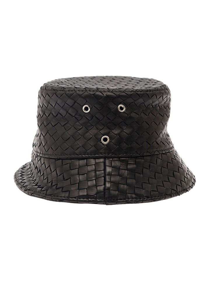 Bottega Veneta Men Black Bucket Hat With Metal Eyelets And Intreccio Motif In Leather Man