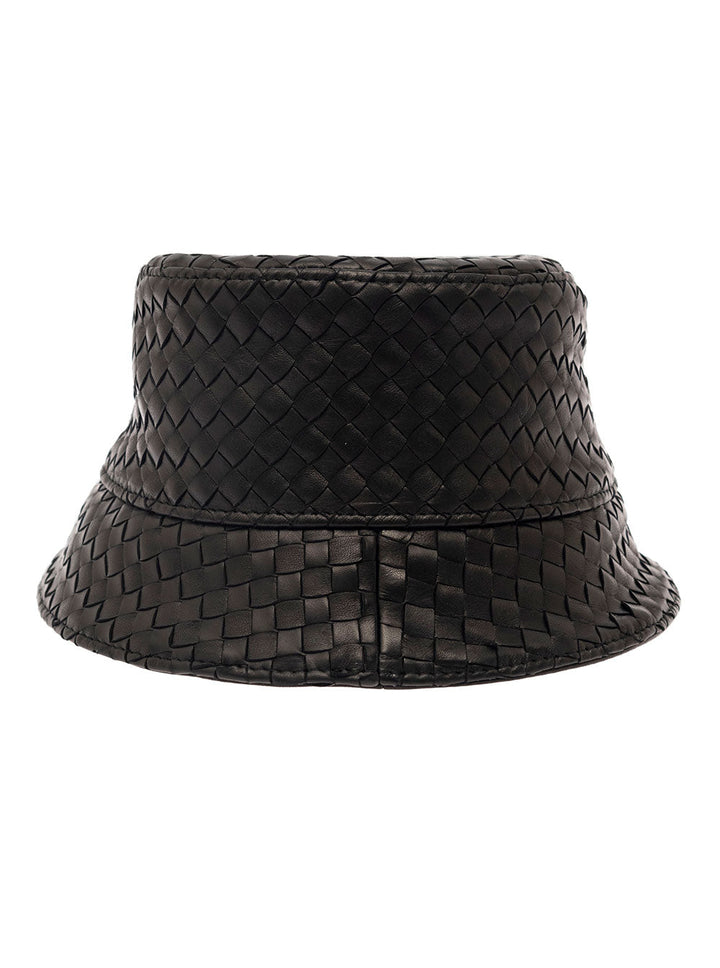Bottega Veneta Men Black Bucket Hat With Metal Eyelets And Intreccio Motif In Leather Man