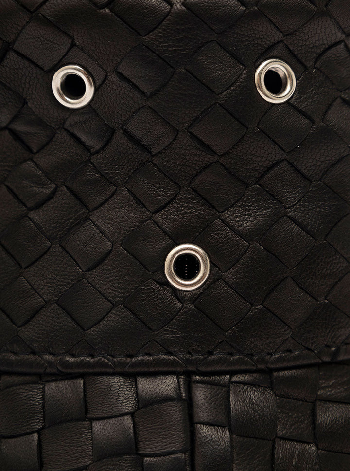 Bottega Veneta Men Black Bucket Hat With Metal Eyelets And Intreccio Motif In Leather Man