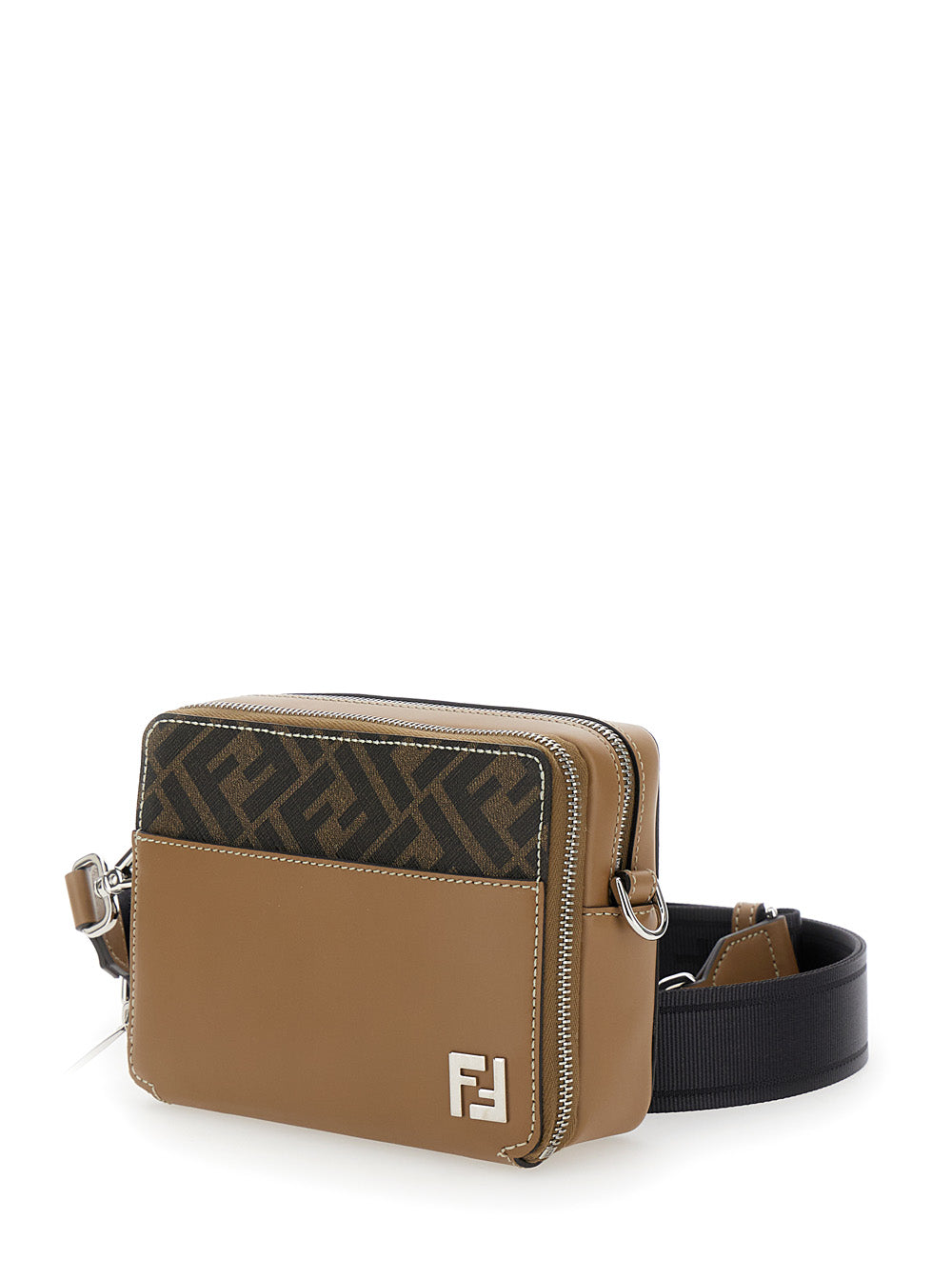 Brown leather crossbody bag with black strap on a white background