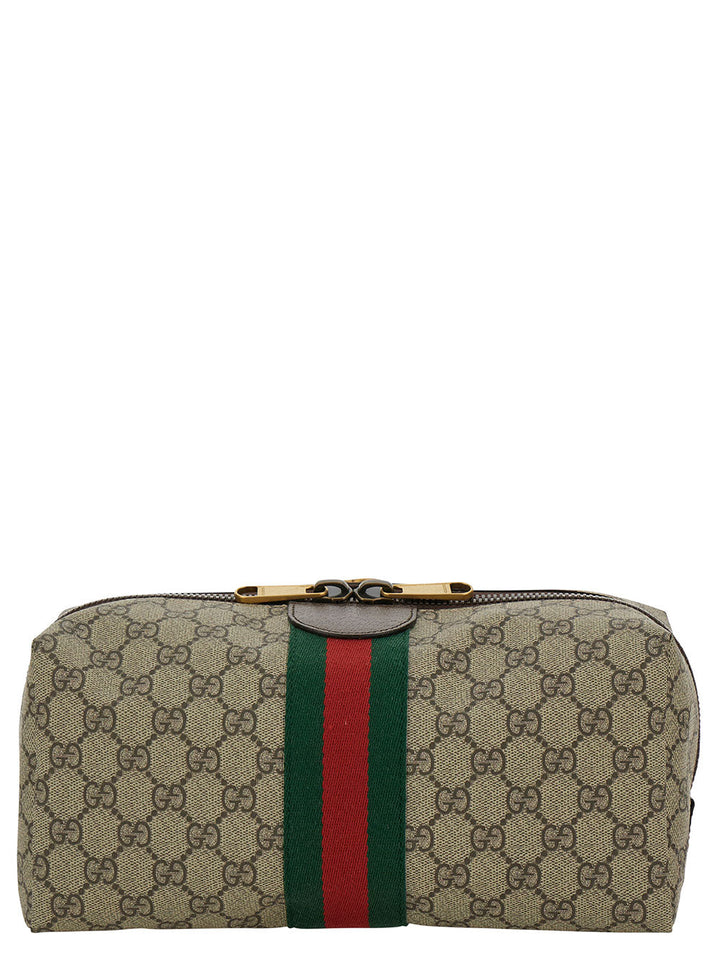 Gucci Men Beige And Ebony Beauty Case With Web Detail And Logo Detail In Gg Supreme Canvas Man