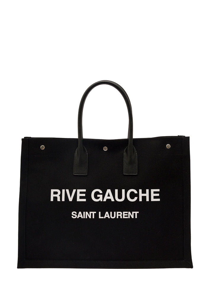 Saint Laurent Men 'Big Rive Gauche' Black Tote Bag With Contrasting Logo Print In Cotton Man
