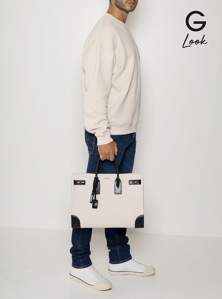 Saint Laurent Men 'Sac De Jour L' Beige Tote Bag With Brass Padlock In Canvas And Leather Man