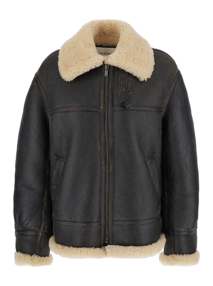 Saint Laurent Women Brown Shearling Jacket With Zip Closure In Leather Woman