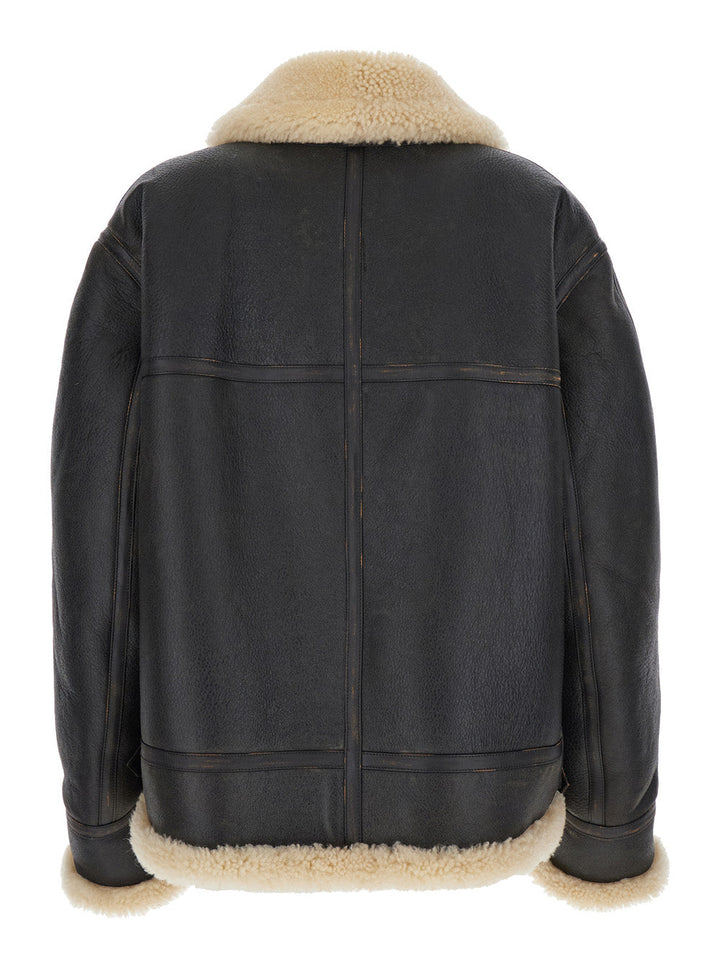 Saint Laurent Women Brown Shearling Jacket With Zip Closure In Leather Woman