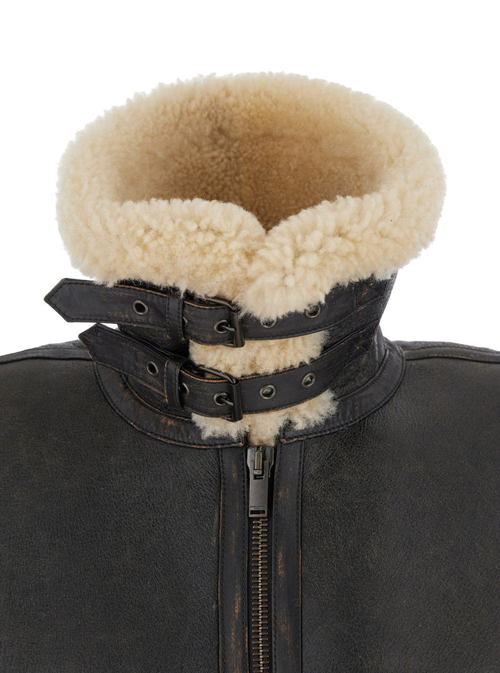 Saint Laurent Women Brown Shearling Jacket With Zip Closure In Leather Woman