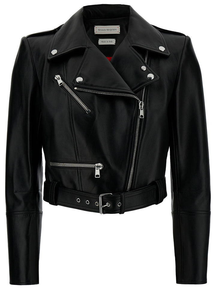 Alexander Mcqueen Women Black Cropped Biker Jacker With Matching Belt In Smooth Leather Woman