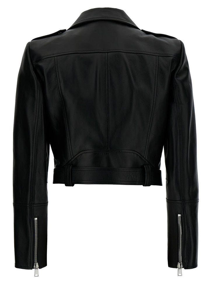 Alexander Mcqueen Women Black Cropped Biker Jacker With Matching Belt In Smooth Leather Woman