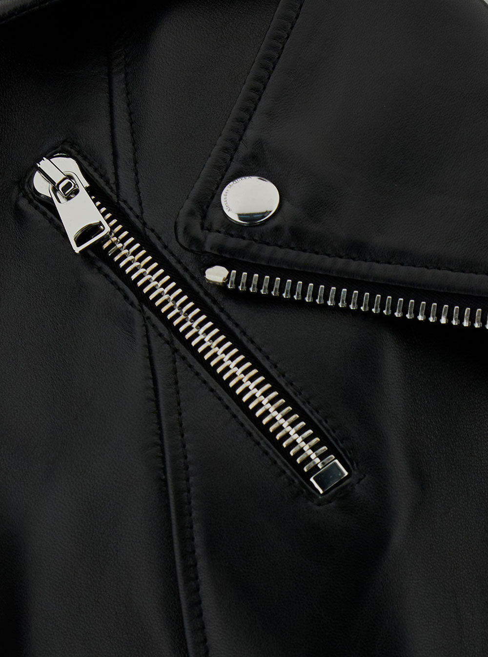 Alexander Mcqueen Women Black Cropped Biker Jacker With Matching Belt In Smooth Leather Woman