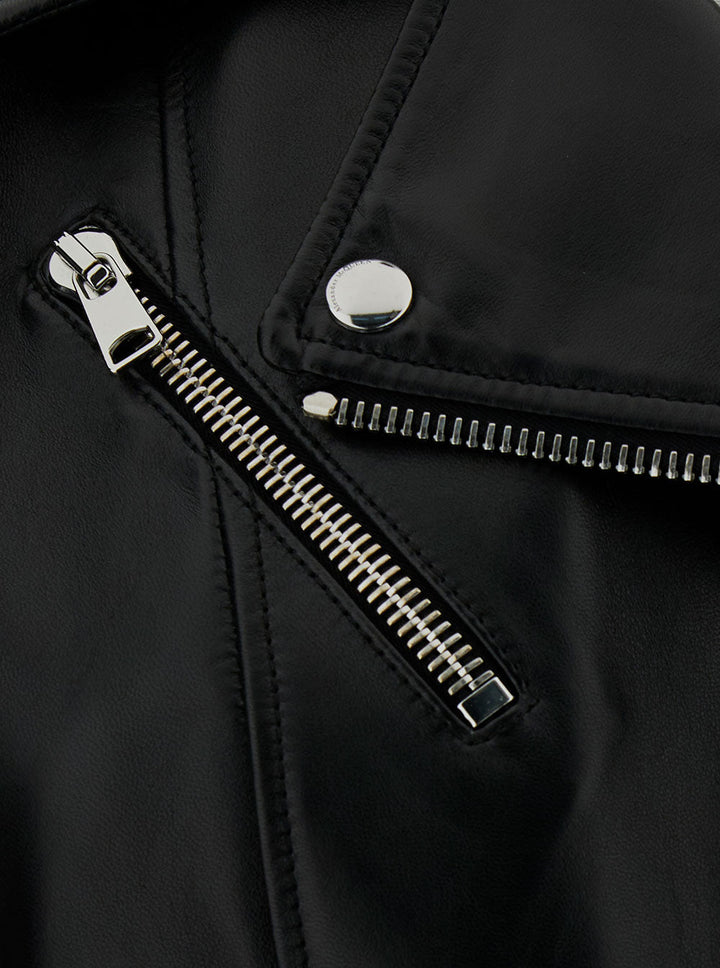 Alexander Mcqueen Women Black Cropped Biker Jacker With Matching Belt In Smooth Leather Woman