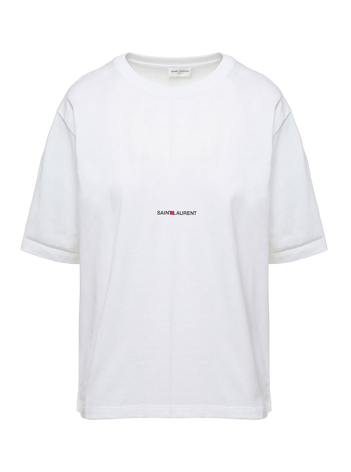 Saint Laurent Women Basic White T-Shirt With Miiddle Logo Print In Cotton Woman