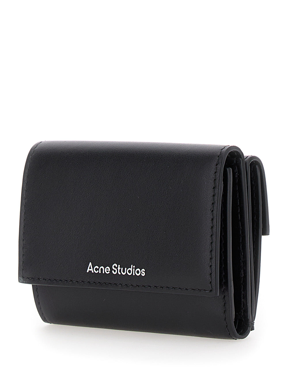Acne Studios Women Black Trifold Wallet With Logo In Smooth Leather Woman