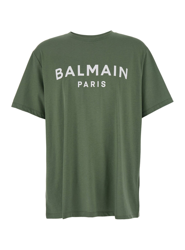 Balmain Men Green Crewneck T-Shirt With Logo Lettering On The Front In Cotton Man