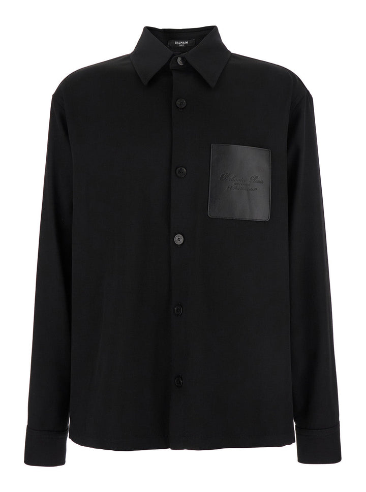 Balmain Men Black Shirt With Classic Collar And Logo Detail On The Pocket In Wool Stretch Man