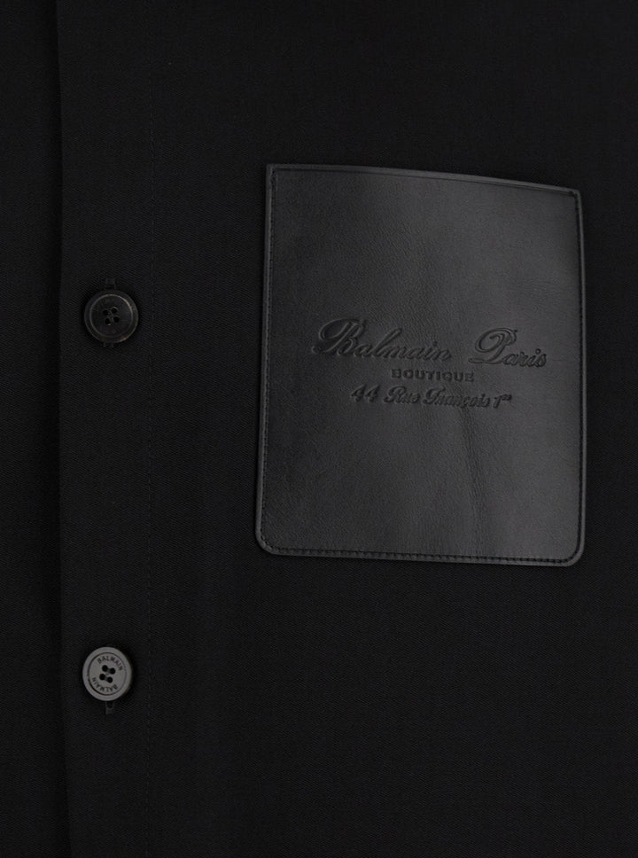 Balmain Men Black Shirt With Classic Collar And Logo Detail On The Pocket In Wool Stretch Man