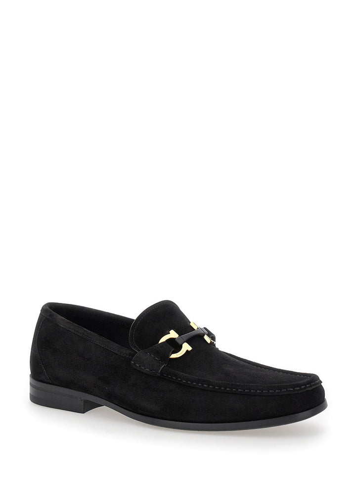 Ferragamo Men 'Grandioso 2' Black Loafers With Gancini In Suede Man