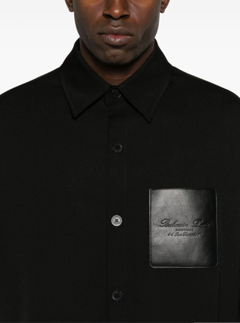 Balmain Men Black Shirt With Classic Collar And Logo Detail On The Pocket In Wool Stretch Man