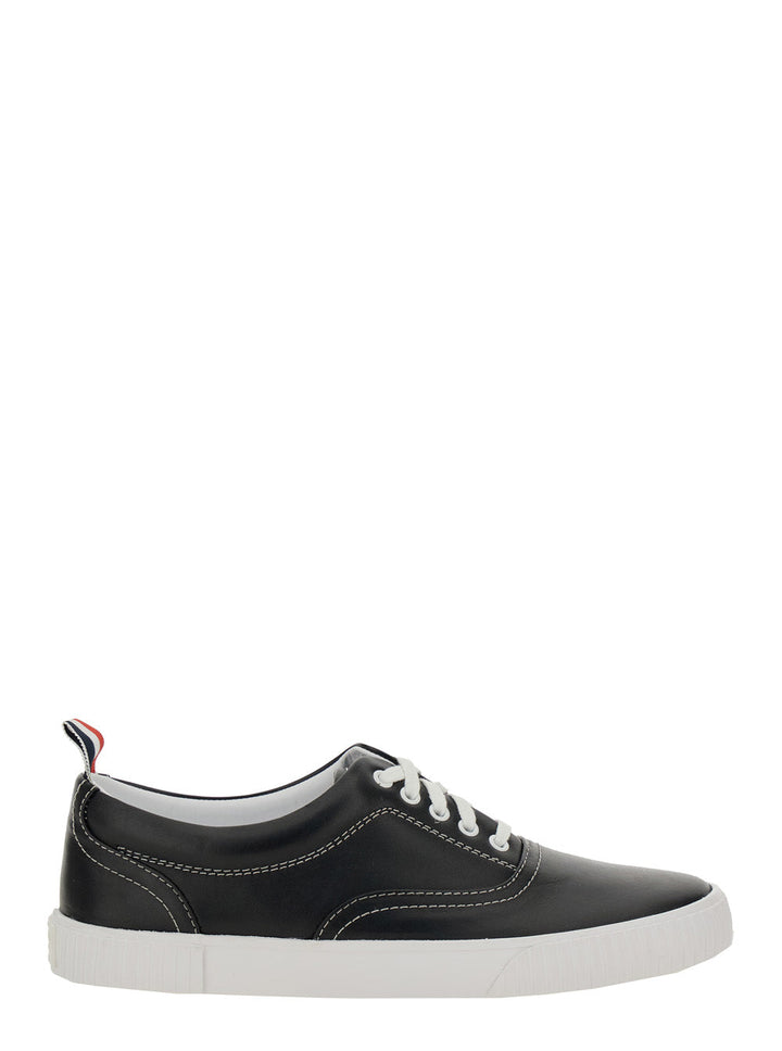 Thom Browne Men 'Heritage' Black Sneakers With Logo Tab On Heel In Leather Man