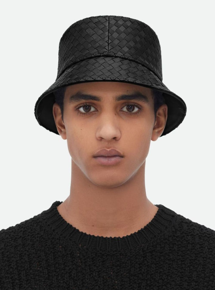 Bottega Veneta Men Black Bucket Hat With Metal Eyelets And Intreccio Motif In Leather Man