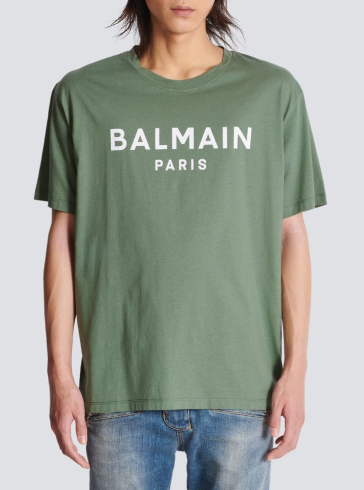 Balmain Men Green Crewneck T-Shirt With Logo Lettering On The Front In Cotton Man
