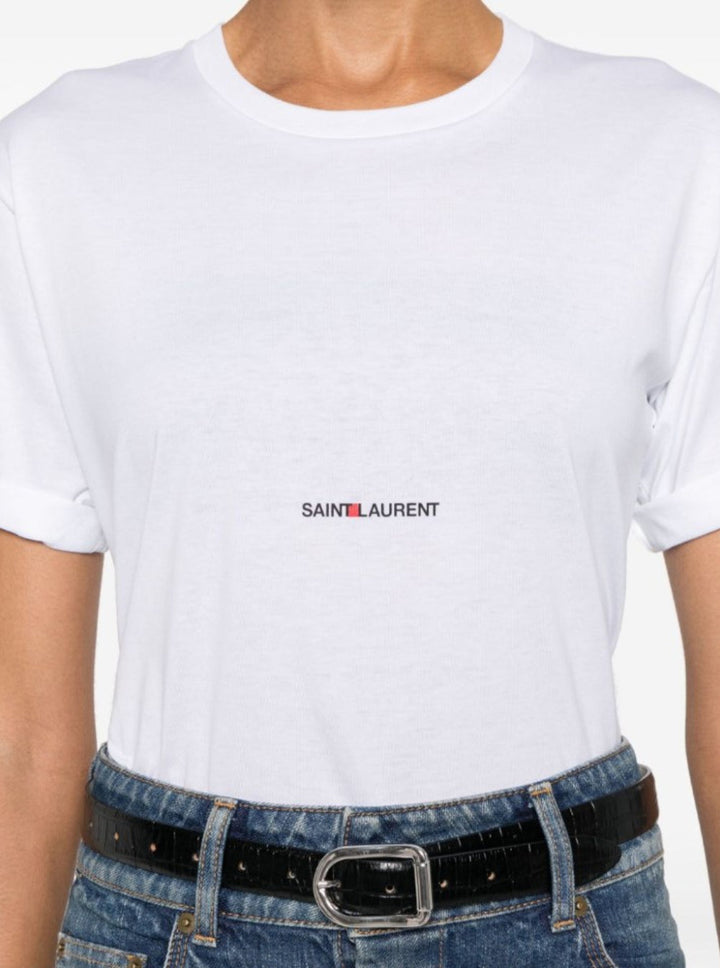 Saint Laurent Women Basic White T-Shirt With Miiddle Logo Print In Cotton Woman
