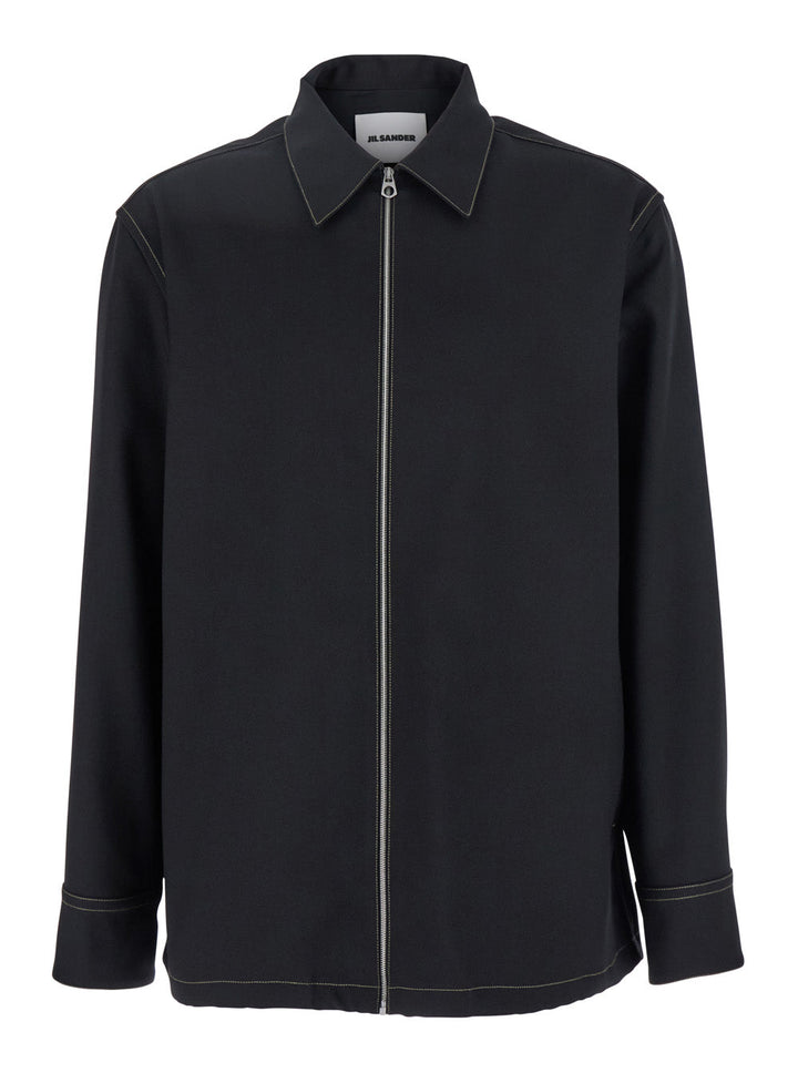 Jil Sander Men Black Zip-Up Shirt With Contrasting Stitching In Tech Fabric Man