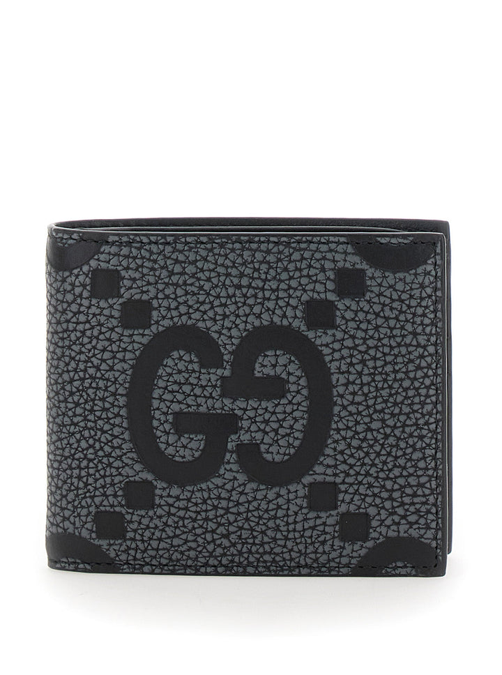 Gucci Men Grey And Black Wallet With Gg Maxi Logo On Front In Hammered Leather Man
