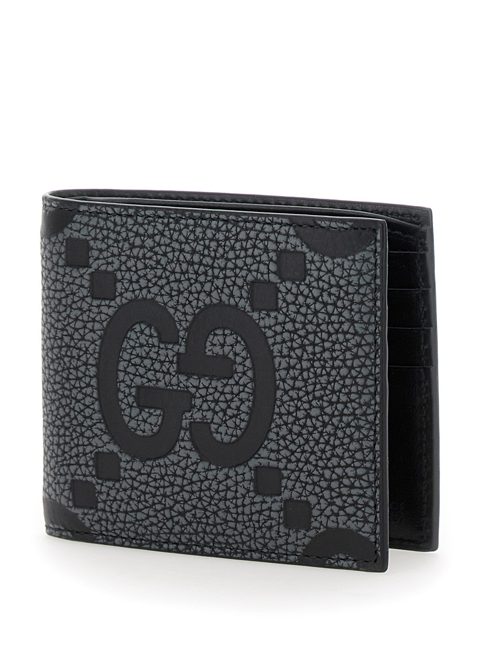 Gucci Men Grey And Black Wallet With Gg Maxi Logo On Front In Hammered Leather Man