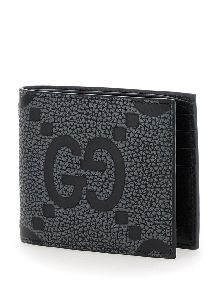 Gucci Men Grey And Black Wallet With Gg Maxi Logo On Front In Hammered Leather Man