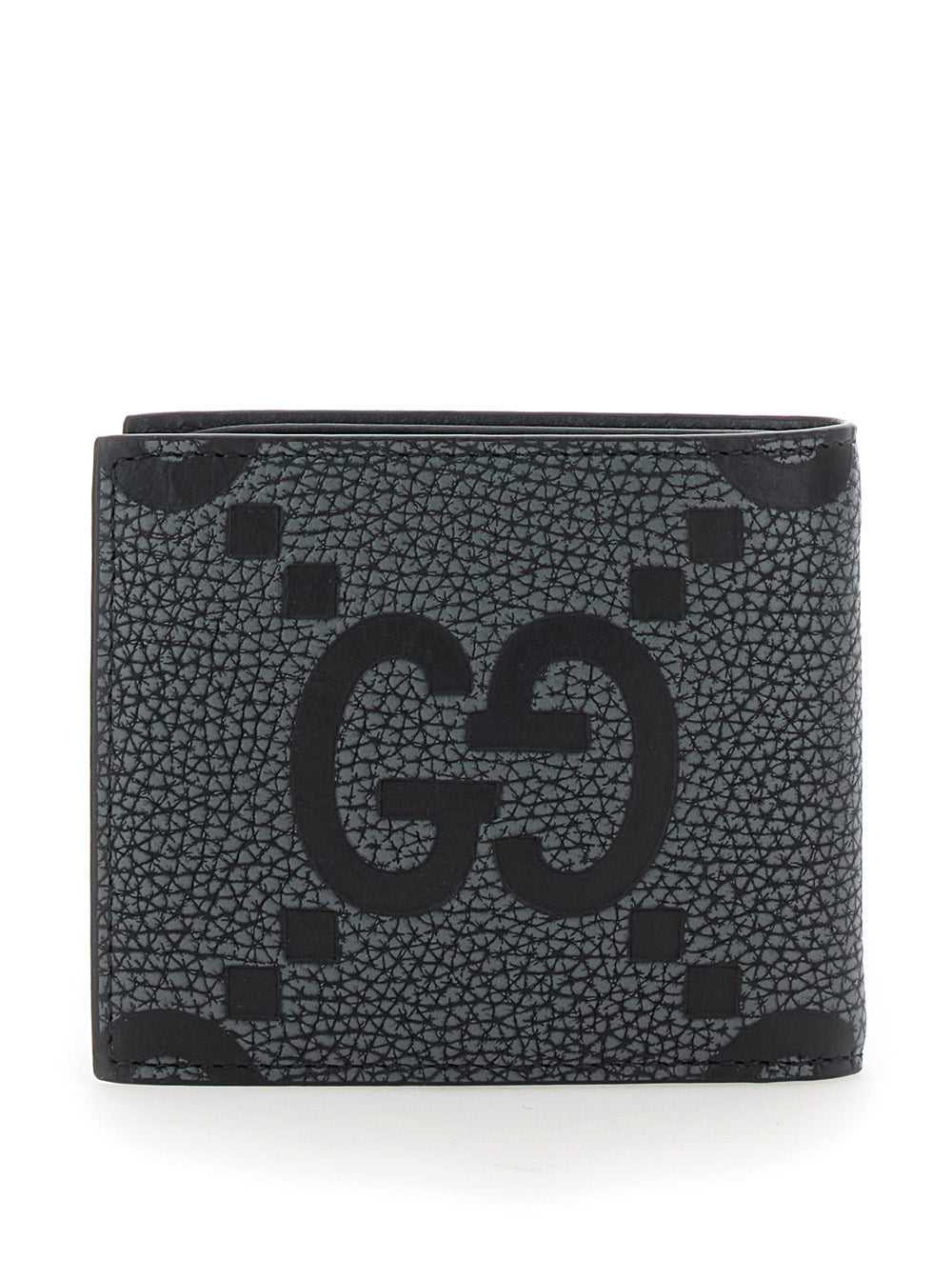 Gucci Men Grey And Black Wallet With Gg Maxi Logo On Front In Hammered Leather Man