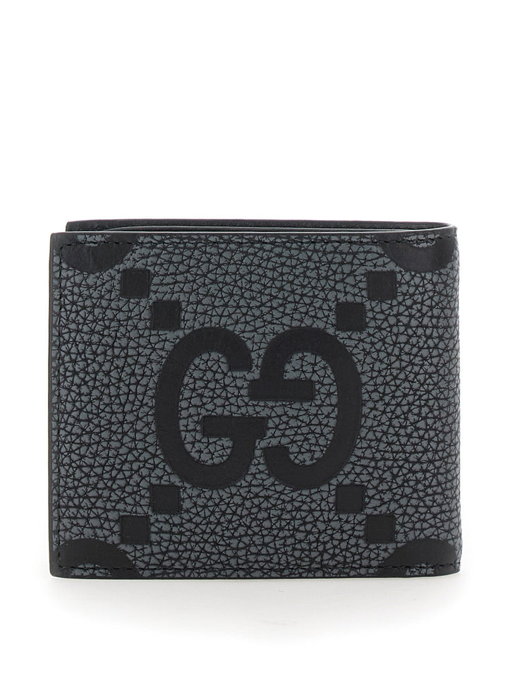 Gucci Men Grey And Black Wallet With Gg Maxi Logo On Front In Hammered Leather Man