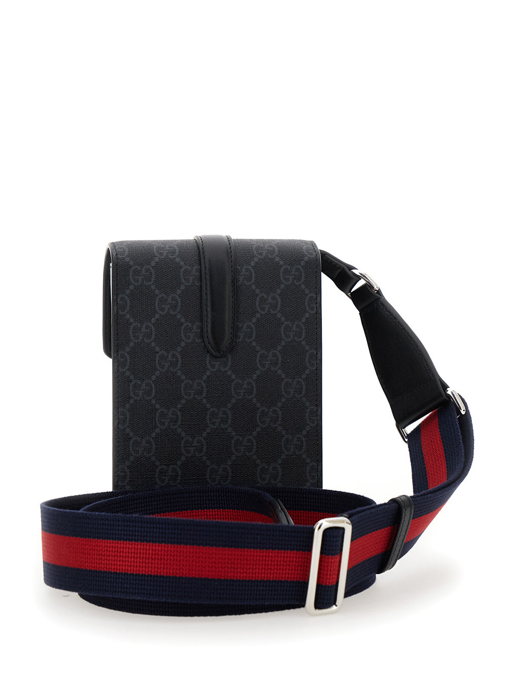 Black patterned bag with a red and blue striped strap on a white background