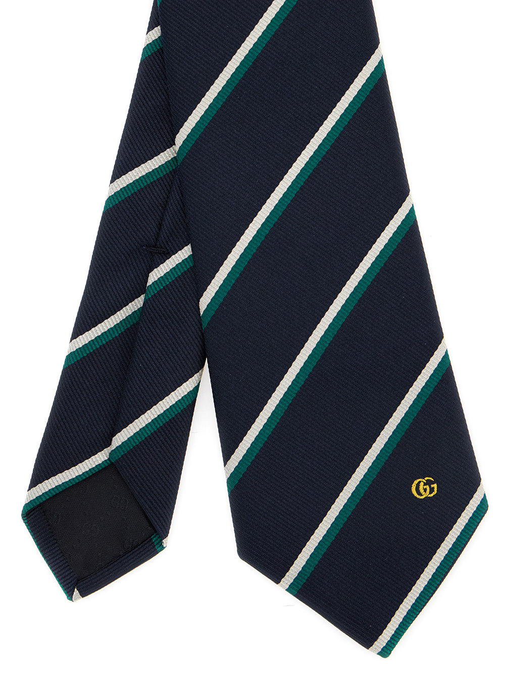 Gucci Men Blue Tie With Diagonal Stripe Pattern And Embroidered Logo Detail In Silk Man