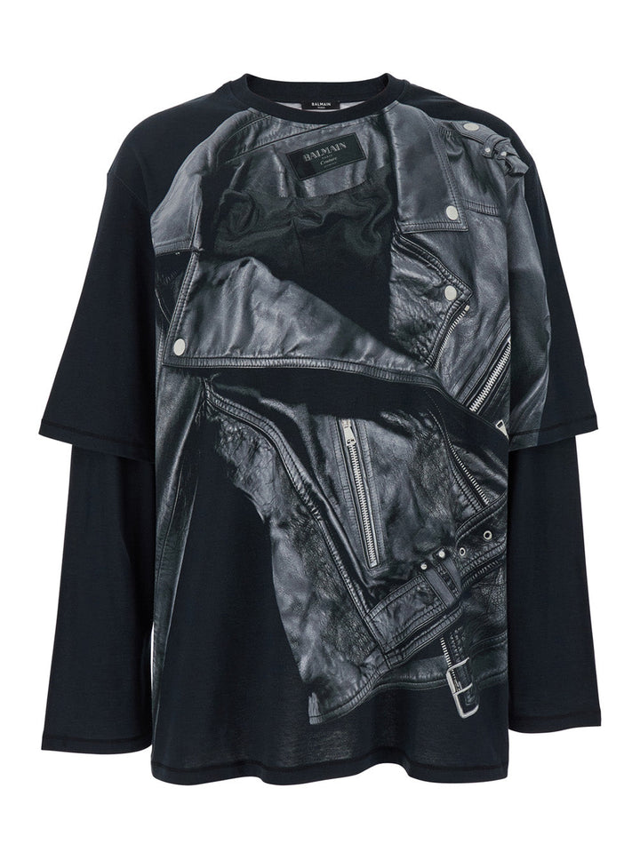 Balmain Men Leather Trompe L'œil Ls T-Shirt