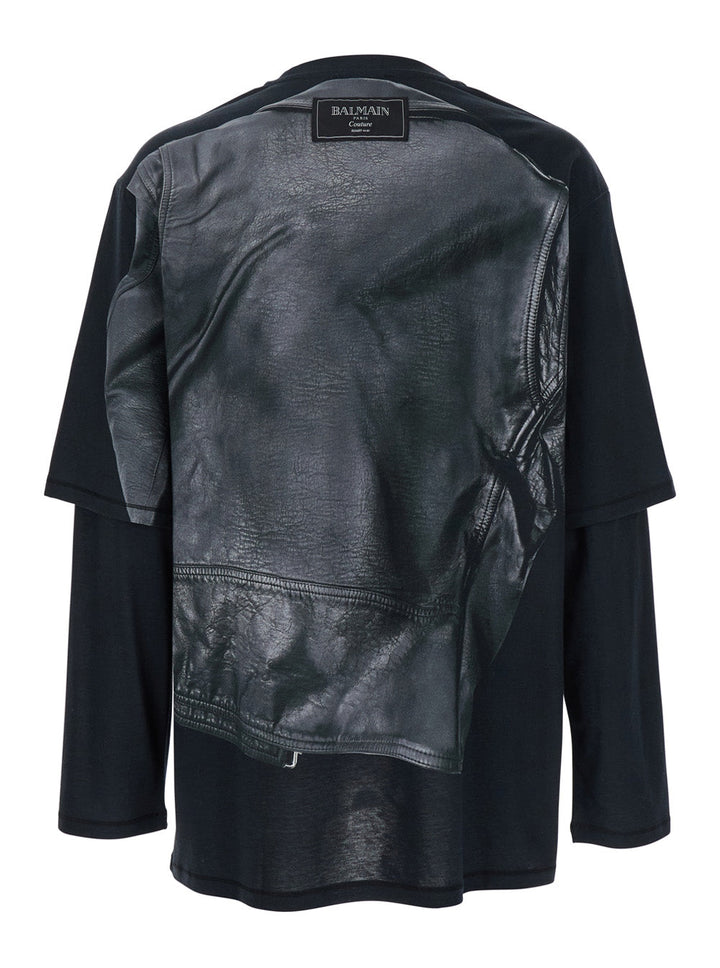 Balmain Men Leather Trompe L'œil Ls T-Shirt