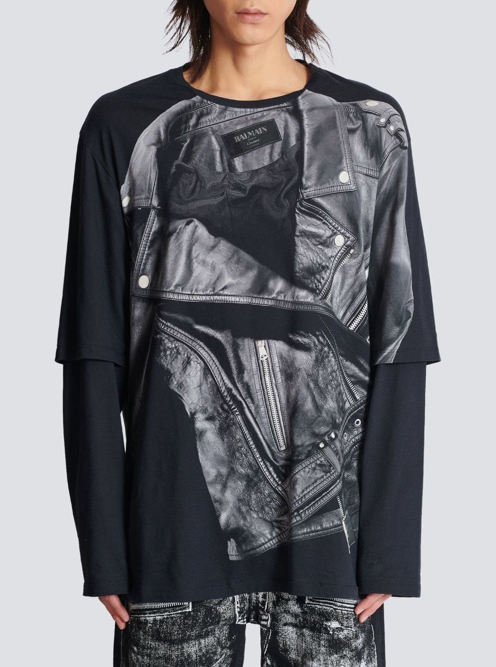 Balmain Men Leather Trompe L'œil Ls T-Shirt