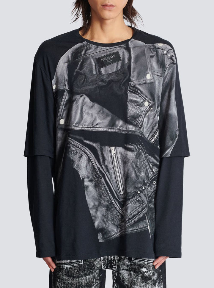 Balmain Men Leather Trompe L'œil Ls T-Shirt