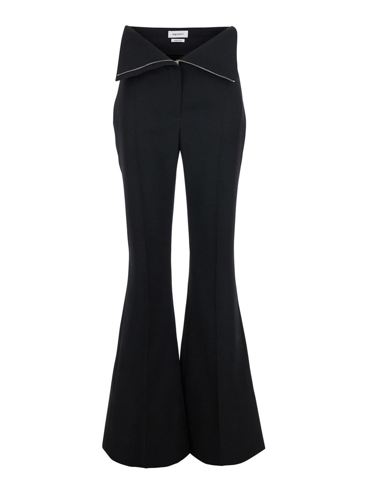 Alexander Mcqueen Women Black Flared Pants With Foldover Waist In Wool Woman