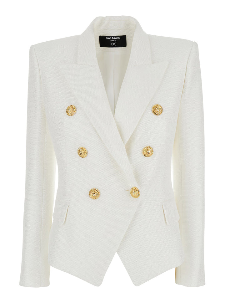 Balmain Women White Double-Breasted Jacket With Peak Lapels And Logo Buttons In Fabric Women