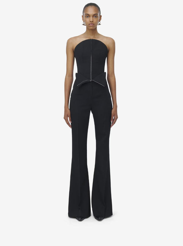Alexander Mcqueen Women Black Flared Pants With Foldover Waist In Wool Woman