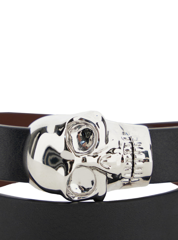 Alexander Mcqueen Men Black Bracelet With Skull Detail In Brass And Leather Man