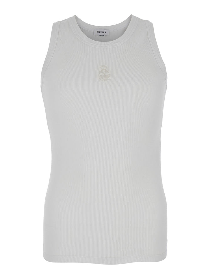 Alexander Mcqueen Men White Top With Upside Down Skull Embroidery On The Front In Cotton Jersey Man