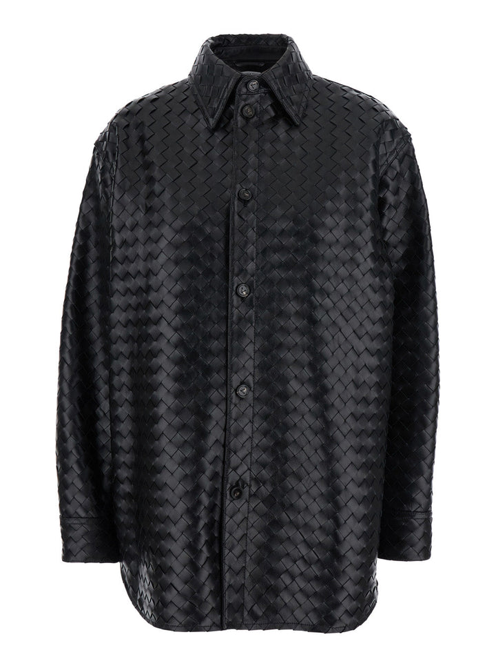 Bottega Veneta Women Black Shirt With All-Over Woven Pattern In Leather Woman